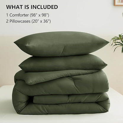 CozyLux Oversized Queen Comforter Set Olive Green, 3 Pieces 98x98 Solid Breathable Quilted Bedding Sets All Season, Luxury Soft Lightweight Bed Set with Down Alternative Comforter and 2 Pillowcases