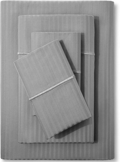 Feather & Stitch 500 TC Split King Size Sheet Set, 5 Piece Bed Sheets Set-2 Twin Fitted Sheet, 1 King Flat Sheet & 2 King Pillowcases, 18" Deep Pockets Sateen Weave Striped Bedsheet - (Grey Stripe)