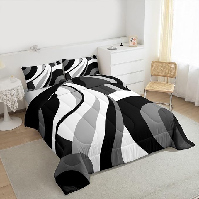 Gray Black White Spiral Bedding Full Size for Adult Women Men Modern Swirls Stripes Abstract Comforter for Minimalists Boho Aesthetic Geometric Bed Sets Graffiti Art Lines Quilt Sets