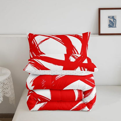 Red and White Abstarct Comforter Set Twin Size for Kids Boys Girs,Graffiti Stripes Lines Bedding Set,Aesthetic Geometric Duvet Insert for Minimalists,Contemporary Boho Modern Art Quilt