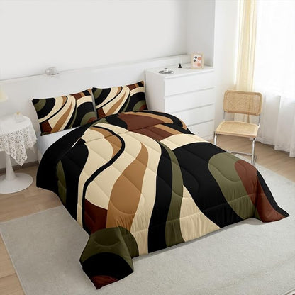 Green Brown Spiral Bedding Full Size for Adult Women Men Modern Swirls Stripes Abstract Comforter for Minimalists Boho Aesthetic Geometric Bed Sets Graffiti Art Lines Quilt Duvet Insert