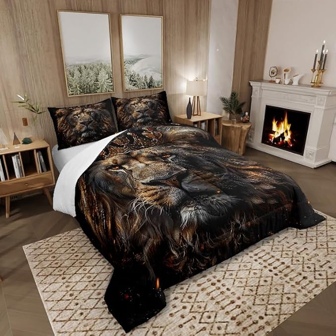 Castle Fairy 3D Lion Comforter Set Queen Size Wild African Animal Bedding Set Bedroom Decor Golden Glitter Crown Quilt Set Comfortable and Breathable Luxury Black Duvet Insert with 2 Pillowcases