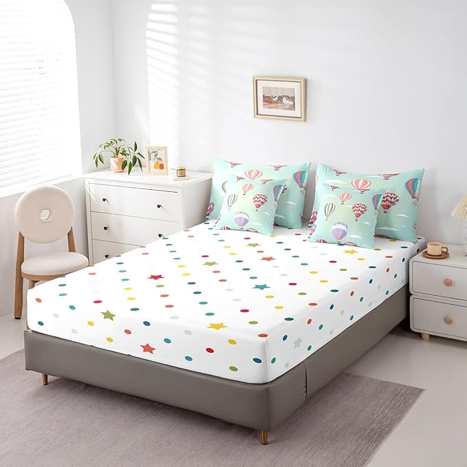 Watercolor Hot Air Balloon Bed in a Bag Comforter Set,Hand Drawn Clouds King Size 7 Pieces for Kids Teens,White Polka Dot Bedding Set with Comforter, Sheet Set, Pillowcases, Pillow Covers