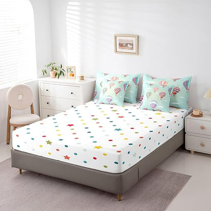 Watercolor Hot Air Balloon Bed in a Bag Comforter Set,Hand Drawn Clouds King Size 7 Pieces for Kids Teens,White Polka Dot Bedding Set with Comforter, Sheet Set, Pillowcases, Pillow Covers