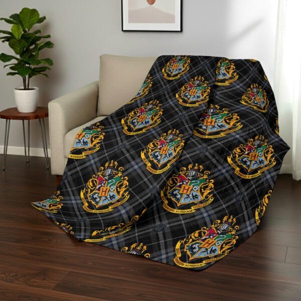 Warner Bros Harry Potter Preppy Hogwarts Quilted Throw Blanket, House Crest Patchwork Design, Adults Boys Girls, Soft Lightweight Bedding for Bed, or Couch, 60 x 80 inches