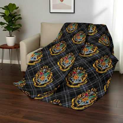 Warner Bros Harry Potter Preppy Hogwarts Quilted Throw Blanket, House Crest Patchwork Design, Adults Boys Girls, Soft Lightweight Bedding for Bed, or Couch, 60 x 80 inches