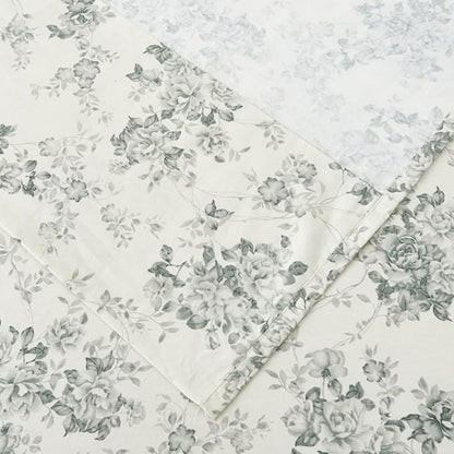 DAUAOTO 100% Cotton Bedding Printed Sheets Set for Full Size Bed Up to 14" Deep Mattress, Toile Rose Floral Pattern Bedlinen Sets, Gray