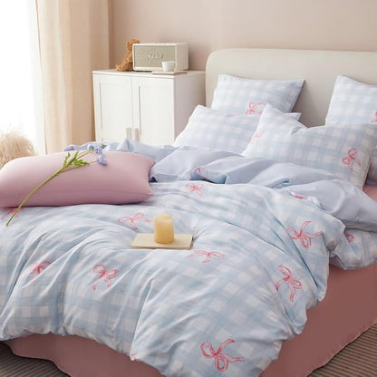 Comforter Set Queen Size - 3 Pieces Blue Pink Bows Comforter Set Gingham Checkered Bedding Sets,Queen Bed in a Bag Plaid Comforter and 2 Pillowcase,Back to School Comforter