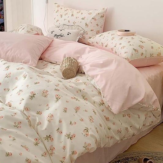 Nayoroom Pink Floral Comforter Set Queen Size Reversible Green Leaf Cottagecore Comforter Girls 3 Pcs Soft Lightweight Aesthetic Bedding Set for All Seasons (1 Comforter, 2 Pillowcases)