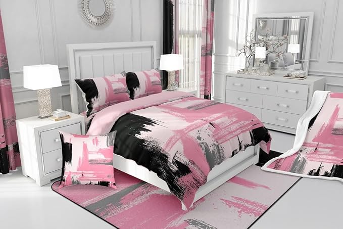 Erosebridal Abstract Pink Comforter Set Toddler Size Girly Black and Pink Comforter Set for Teens Girls Kids Geometric Modern Bedding Sets Minimalists Modern Striped Art Bed Sets for Women Men
