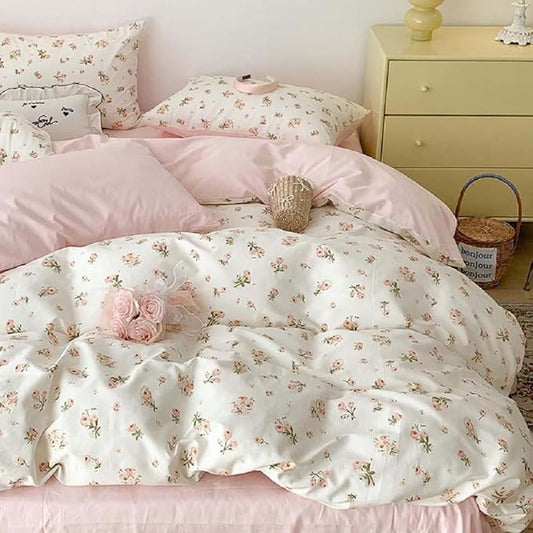 Nayoroom Pink Floral Comforter Set Queen Size Reversible Green Leaf Cottagecore Comforter Girls 3 Pcs Soft Lightweight Aesthetic Bedding Set for All Seasons (1 Comforter, 2 Pillowcases)