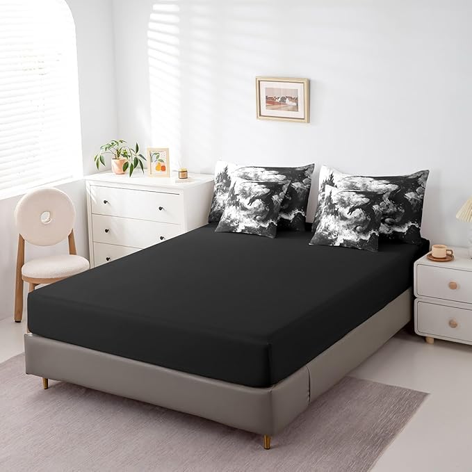 Erosebridal Gothic Dragon Bed in a Bag King Size Comforter Set 7 Pieces,Black and White Vintage Fantasy Castle Bedding Sets Dark Sky Mythical Animal Sheet Set with Comforter