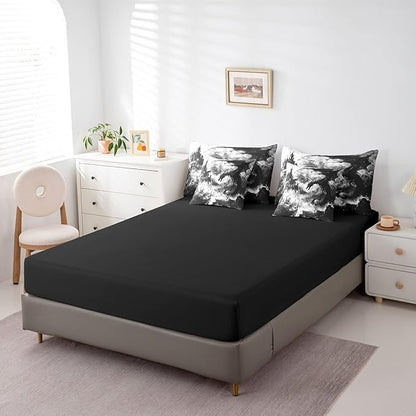 Erosebridal Gothic Dragon Bed in a Bag King Size Comforter Set 7 Pieces,Black and White Vintage Fantasy Castle Bedding Sets Dark Sky Mythical Animal Sheet Set with Comforter