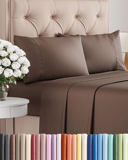 Twin XL 4 Piece Sheet Set - Comfy Breathable & Cooling - Ultra Soft Hotel Luxury Bedding Set w/ 8-16 Inch Deep Pockets - 1 Flat & 1 Fitted Sheet & 2 Pillowcases - Wrinkle Free and Easy Care - Brown