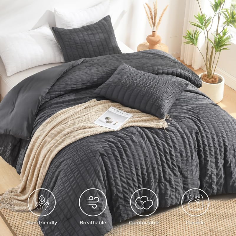 AveLom Seersucker Oversized Queen Comforter Set Grey (98x98 in), 3 Pieces 100% Soft Washed Microfiber Lightweight Comforter with 2 Pillowcases, All Season Down Alternative Comforter Set for Queen Bed