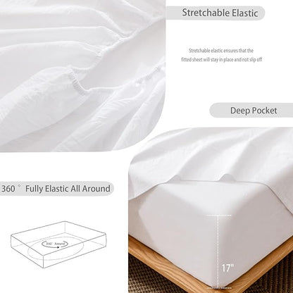 MooMee Fitted Bottom Sheet Only 100% Washed Cotton Linen Like Textured Breathable Durable Soft Comfy Deep Pocket Fits Mattress up to 17" (Bright White, Twin)