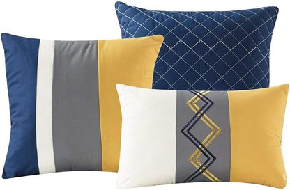 Chezmoi Collection Arden 7-Piece Modern Pleated Stripe Embroidered Zigzag Bedding Comforter Set (California King, Navy/Gray/Yellow/White)