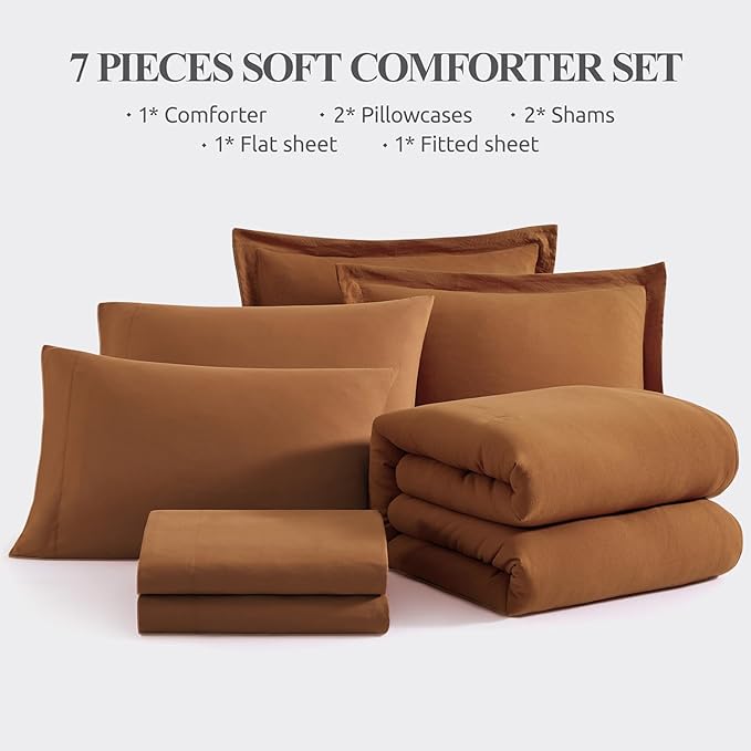 WRENSONGE California King Size Comforter Sets- 7 Pieces Soft Terracotta Bed in a Bag with Fitted Sheet, Flat Sheet, 2 Pillow Shams, 2 Pillowcases, Warm Bedding Sets for All Season