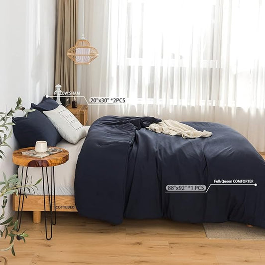 COTTEBED Dark Blue Queen Comforter Set with 2 Pillowshams, Ultra-Soft Bedding Comforter Sets for Full Bed Fluffy Washed Cotton Microfiber Alternative Down All Seasons Use (Dark Navy Blue,Full/Queen)