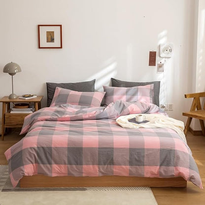 FACE TWO FACE Bedding Duvet Cover Set100% Washed Cotton Duvet Cover Linen Like Textured Breathable Durable Soft Comfy (Full, Grey Powder Grid)