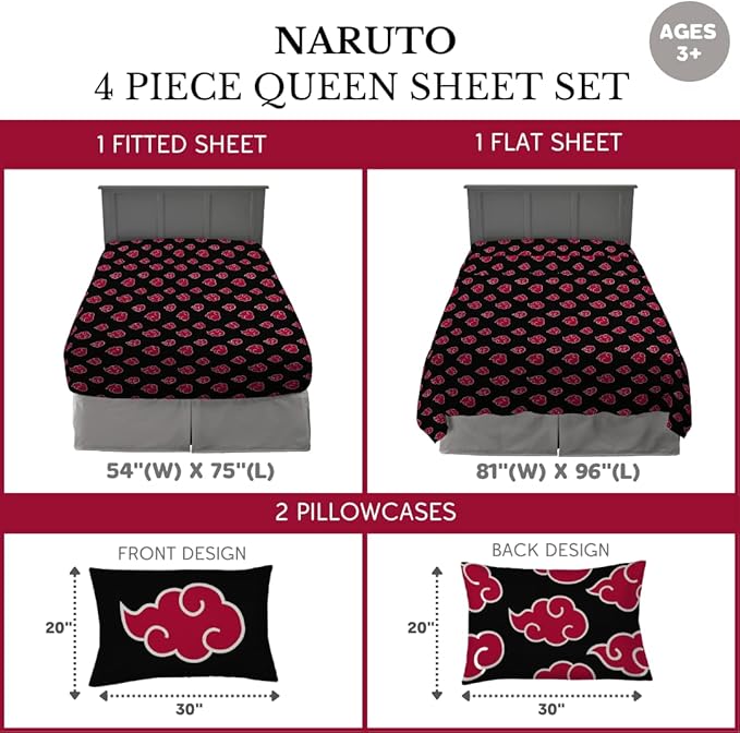 Naruto Akatsuki Anime Bedding Super Soft Microfiber Queen Sheet Set, (Official Licensed Naruto Product) by Franco