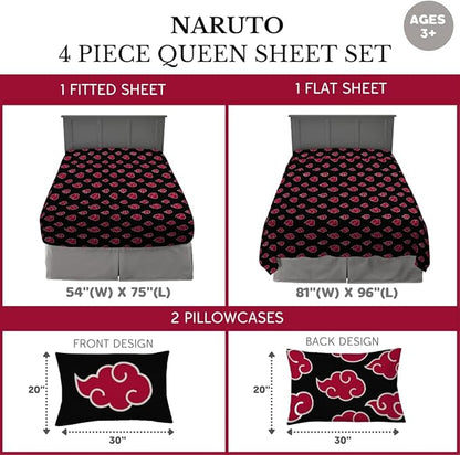 Naruto Akatsuki Anime Bedding Super Soft Microfiber Queen Sheet Set, (Official Licensed Naruto Product) by Franco