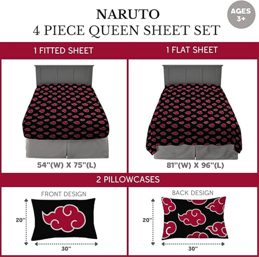 Naruto Akatsuki Anime Bedding Super Soft Microfiber Queen Sheet Set, (Official Licensed Naruto Product) by Franco