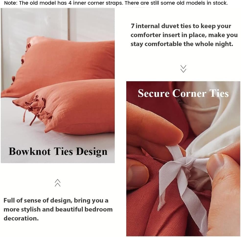 Simple&Opulence 100% Linen Duvet Cover Set 3pcs with Bowknot Ties Closure Natural French Washed Flax Solid Color Soft Breathable Farmhouse Bedding - Brick Red, King Size