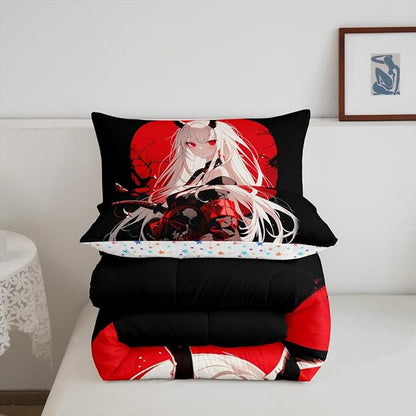 Erosebridal King Japanese Anime Bedding Set for Kids, Anime Girl Comforter Set Kawaii Japanese Style Duvet Insert Cartoon Japan Animation Quilt for Boys Teens Adult Women Bedroom, Red Black