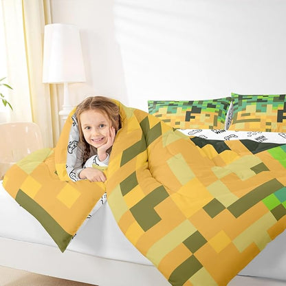 Pixelated Miners Game Kids Bedding Set King Size,Geometric Check Video Games Comforter Set,Gamepad Grid Gaming Quilt Comforter,Green Yellow Bedroom Duvet Insert,2 Pillowcases
