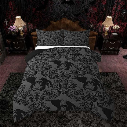 Feelyou Adults Gothic Kids Comforter Set Queen Size Dark Olive Green Damask Bedding Set Dragon Duvet Quilt for Kids Boys Girls Bedroom Decor Microfiber Ultra Soft Breathable