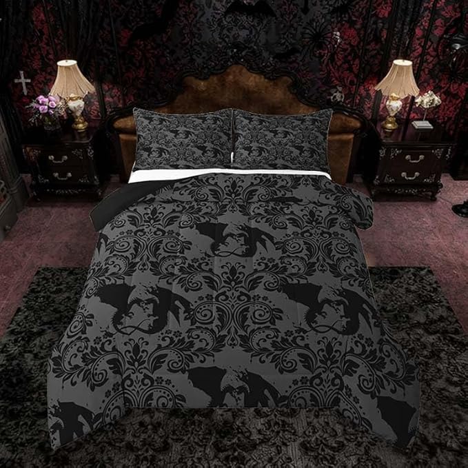 Feelyou Adults Gothic Kids Comforter Set King Size Dark Olive Green Damask Bedding Set Dragon Duvet Quilt for Kids Boys Girls Bedroom Decor Microfiber Ultra Soft Breathable