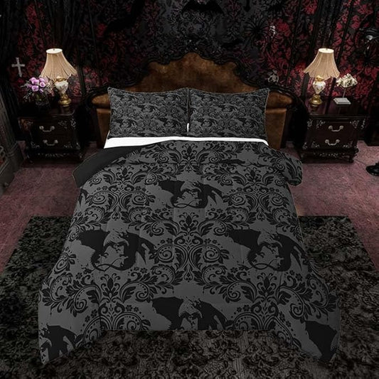 Feelyou Adults Gothic Kids Comforter Set Toddler Size Dark Olive Green Damask Bedding Set Dragon Duvet Quilt for Kids Boys Girls Bedroom Decor Microfiber Ultra Soft Breathable