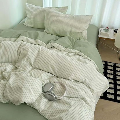 Nayoroom Green Striped Duvet Cover Queen Size 100% Washed Cotton Duvet Cover Linen Like Textured, Reversible 3 Pieces Soft Breathable Yarn-Dyed Stripe Girls Dorm Bedding Set for All Seasons