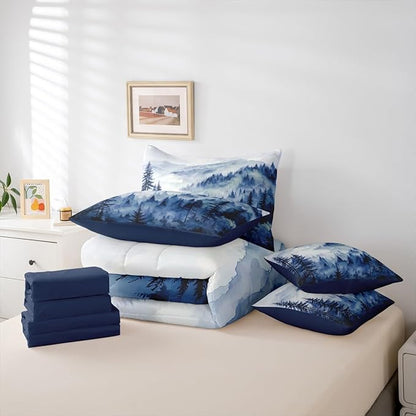 Erosebridal Blue Misty Forest Twin Bedding Set 7 Piece Mountain Foggy Woodland Bed in A Bag with Sheets Rustic Pine Tree Comforter Set for Kids Adults,Watercolor Nature Theme Bed Sets