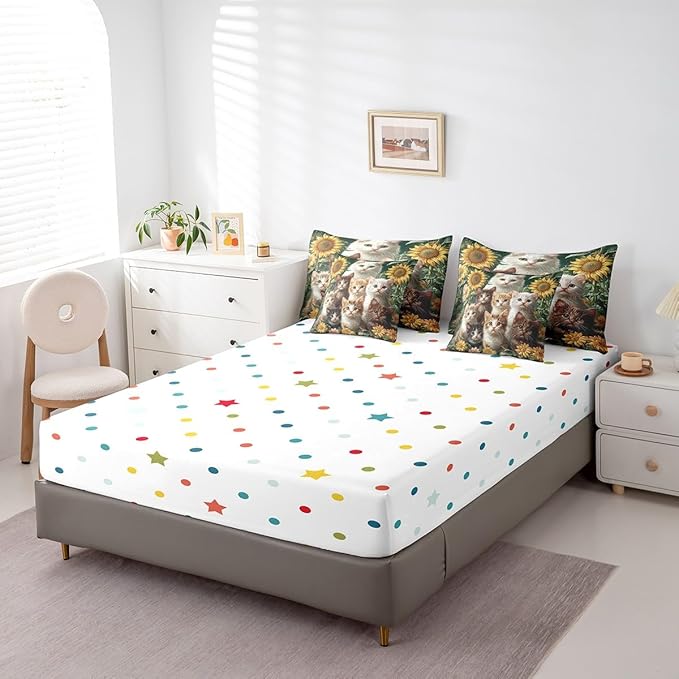 Feelyou Cute Cat Comforter Set 7 Pieces Queen Size Sunflower Bedding Set for Boys Girls Kawaii Pet Kitten Bed in a Bag with Comforter, Sheets, Pillowcases & Cushion Covers