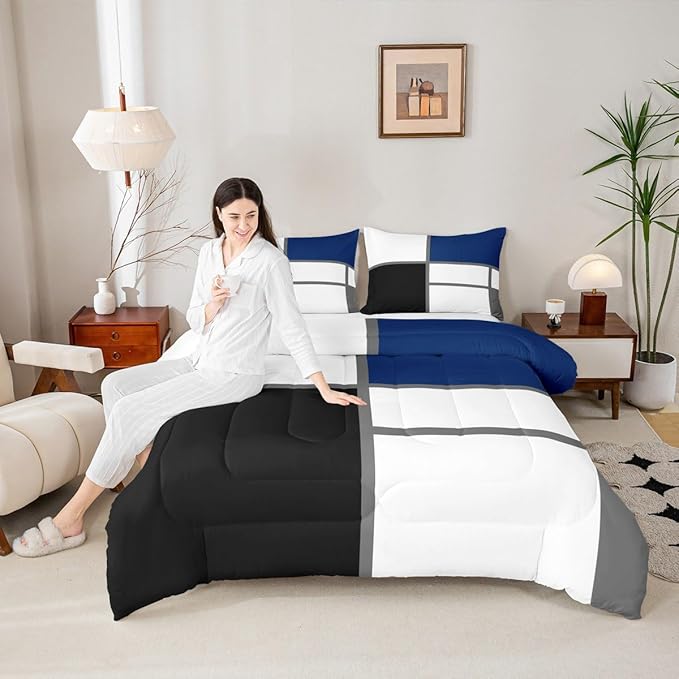 Erosebridal Geometric Abstract Twin Bedding Sets for Adult Women Men Blue and White Striped Comforter Set Square Grid Quilt Duvet Set Modern Art Patchwork Bedding Collections for Minimalist