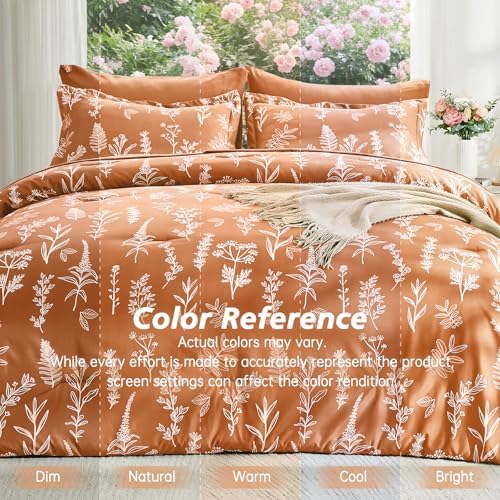 MUXHOMO Burnt Orange Full Comforter Set, Elegant Floral Print Bed in a Bag 7 Pieces, Ultra Soft & Breathable Reversible Botanical Pattern Bedding Set with Comforter, Sheets, Pillowcases, and Shams