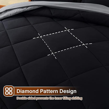 Cosybay Bed in a Bag Full Reversible Comforter Sets 7pcs All Season Down Alternative Bedding Sets Black and Grey with Comforter, Pillow Shams, Flat Sheet, Fitted Sheet and Pillowcase