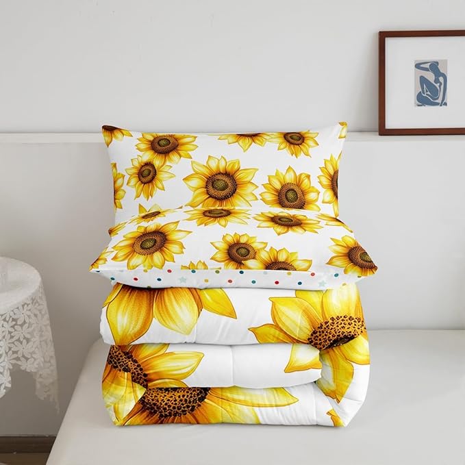 Erosebridal Sunflower Comforter Set Twin Size 3D Floral Botanical Bedding Yellow Flowers Sets Pastoral Decor For Bedroom Quilt Garden Bloom Down With 1 Pillowcase, White, (GHS4189XXY-BZ_USt)