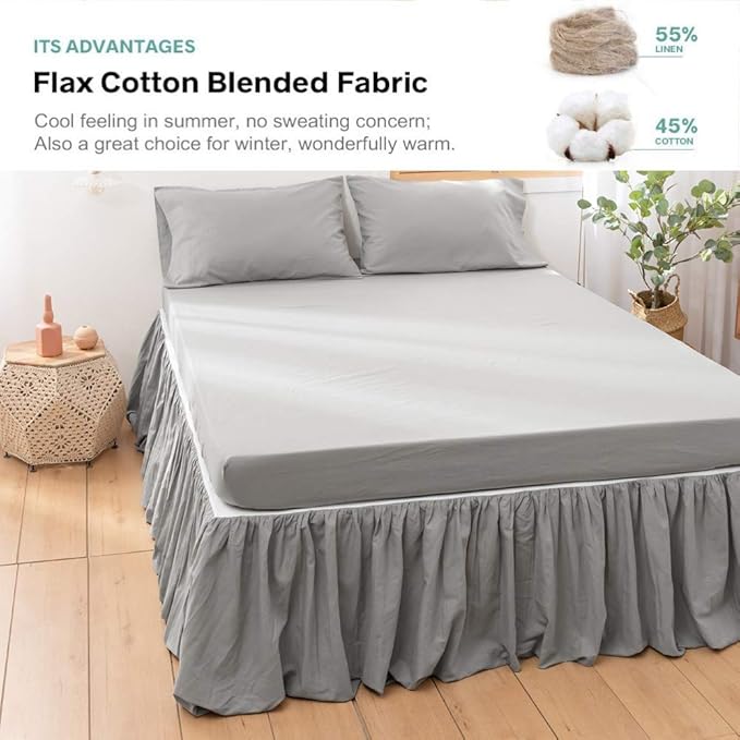 BISELINA French Linen Bed Skirt with Pleated Frills 14-Inch Tailored Drop Natural Flax Cotton Blend Dust Ruffle Soft Cozy Farmhouse Bedding (14" Full, Grey)