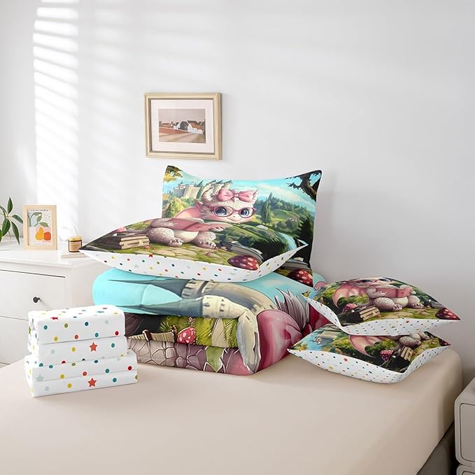 7 Pieces King Size Cute Girly Dragon Comforter Set,Vintage Mid-Century Castle Bedding Set for Girls,Magical Fantasy Wildlife (Comforter+Fitted+Flat Sheet+2 Pillowcases+2 Throw Pillow Covers