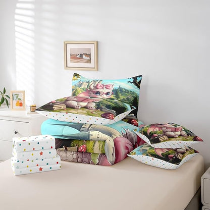 7 Pieces King Size Cute Girly Dragon Comforter Set,Vintage Mid-Century Castle Bedding Set for Girls,Magical Fantasy Wildlife (Comforter+Fitted+Flat Sheet+2 Pillowcases+2 Throw Pillow Covers