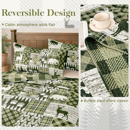 3 Piece Cabin King Size Quilt Sets Farmhouse Rustic Reversible Microfiber Soft Lightweight Bedspread Comforter with 2 Shams Patchwork Country Lodge Bedding Quilts Set for All Season, 106''x96'', Green
