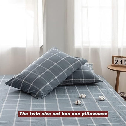 FACE TWO FACE Bedding Duvet Cover Set100% Washed Cotton Duvet Cover Linen Like Textured Breathable Durable Soft Comfy (Twin, Grey Green Grid)