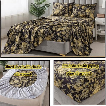 FADFAY Rose Sheets Set Cal King Vintage Black Gold Floral Bedding Shabby Peony Botanical Sheets Farmhouse Bedding 800 Thread Count 100% Egyptian Cotton Deep Pocket Fitted Sheet 4Pcs, California King