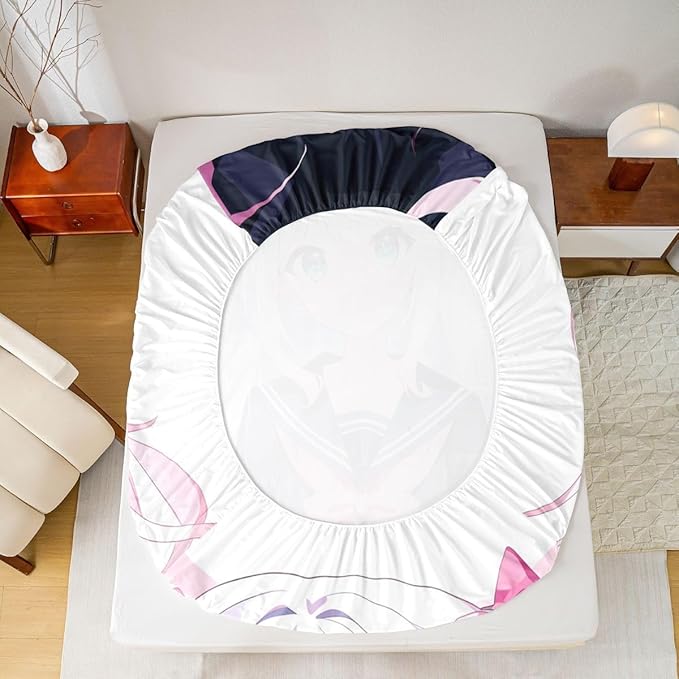 Kawaii Japanese Fitted Sheet Cartoon Anime Bedding Set Full for Kids Boys Girls 3D Style Bed Sheets Sailor Suit Uniform Girl Design 3 Pieces, No Flat Sheet