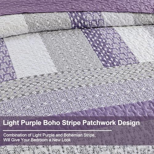 WONGS BEDDING Purple Queen Quilt Bedding Set, Bohemian Stripe Bedspread