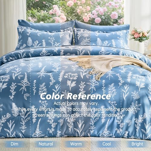 MUXHOMO Ice Blue Full Comforter Set, Elegant Floral Print Bed in a Bag 7 Pieces, Ultra Soft & Breathable Reversible Botanical Pattern Bedding Set with Comforter, Sheets, Pillowcases, and Shams