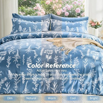 MUXHOMO Ice Blue Full Comforter Set, Elegant Floral Print Bed in a Bag 7 Pieces, Ultra Soft & Breathable Reversible Botanical Pattern Bedding Set with Comforter, Sheets, Pillowcases, and Shams